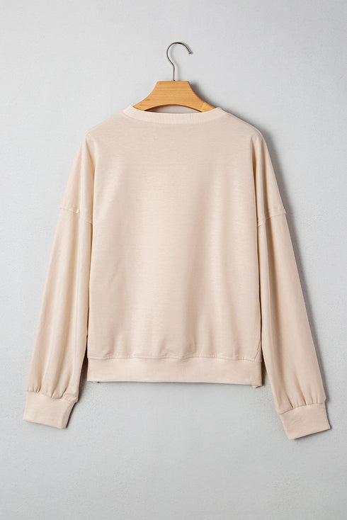 Raw Edge Flower Patch Drop Shoulder Contrast Rib Crewneck Long Sleeve Top